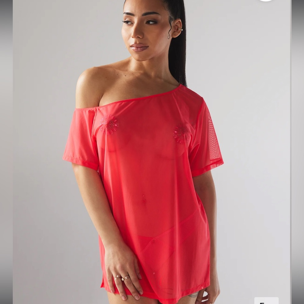 Savage X Fenty I Dare Hue Red Pink Mesh Sleep Shirt with True Blue Bralette Set - Picture 1 of 17